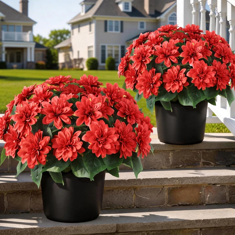 2 Set 20" Artificial Dahlia Flower Topiary Ball Trees for Porch(Red)