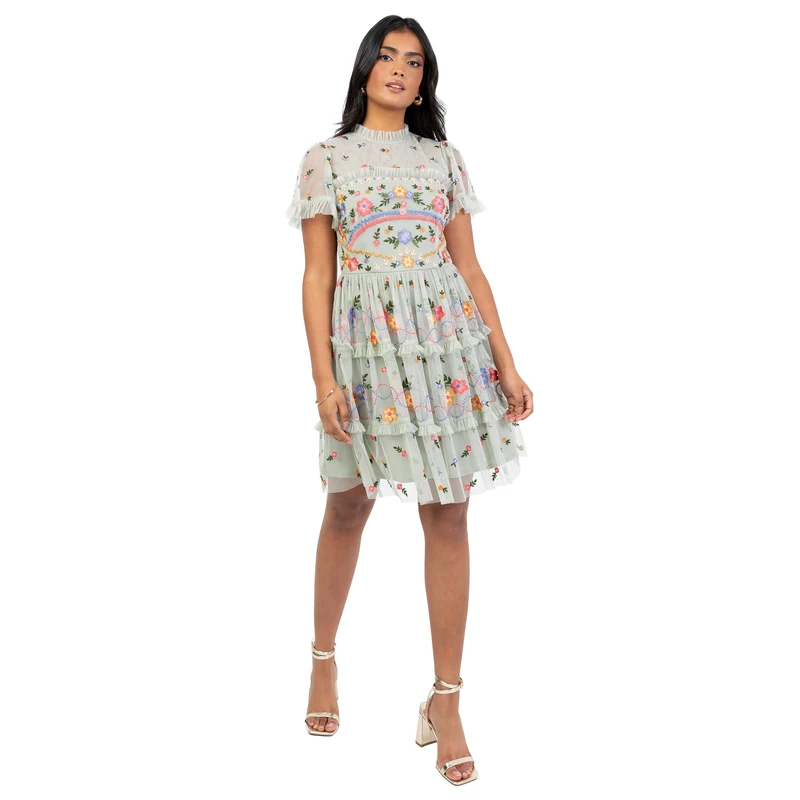 Maya Deluxe Women's Mini Dress Ladies Floral Embroidered High Neck Frills Tiered A-line Tulle Wedding Guest Party Occasion Evening, Green Lily 8 - Image 1