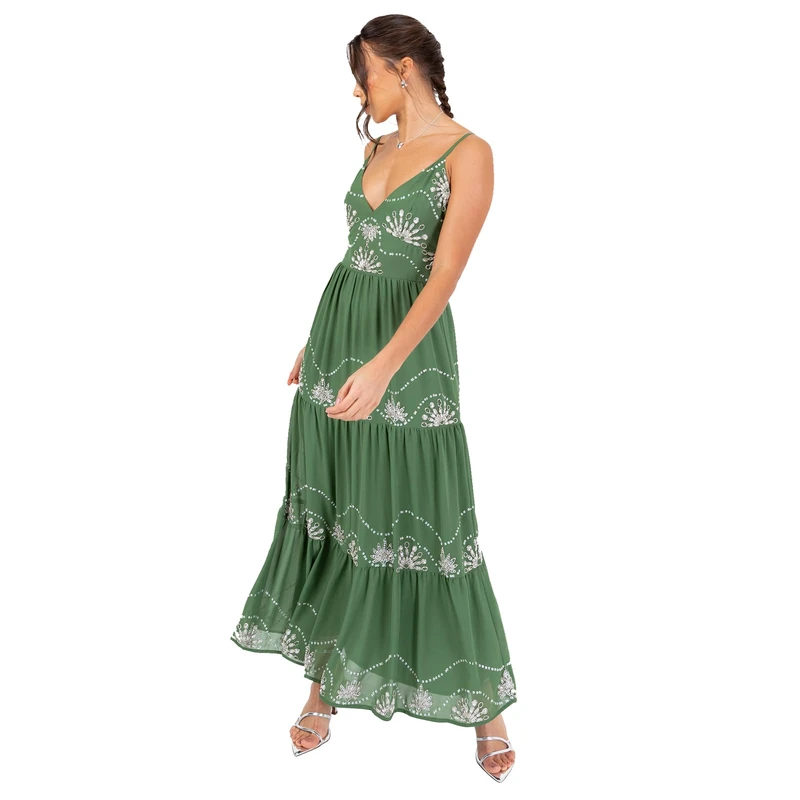 Maya Deluxe Women's Midaxi Dress Ladies Sleeveless V-Neck Sequin Embellished Strappy Cami Tiered A-line Wedding Guest Occasion, Green 8