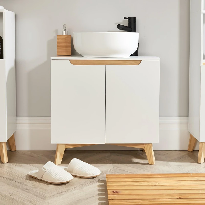 Home Source Florence Under Sink Bathroom Storage Cabinet– White, 2-Door Basin Cupboard, Space-Saving Modern Furniture, Under Sink Storage 30x60x60cm