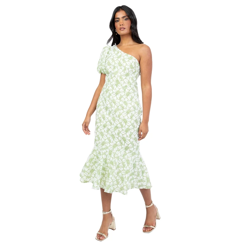 Maya Deluxe Women's Midi Dress Ladies Floral Print One Shoulder Asymmetric Puff Sleeve Peplum Hem Wedding Guest Evening Occasion, Green 12