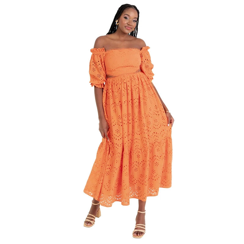 Maya Deluxe Women's Midaxi Dress Ladies Off Shoulder Bardot Broderie Anglaise Cutout Short Puff Sleeve A-line Boho Wedding Guest, Orange 10