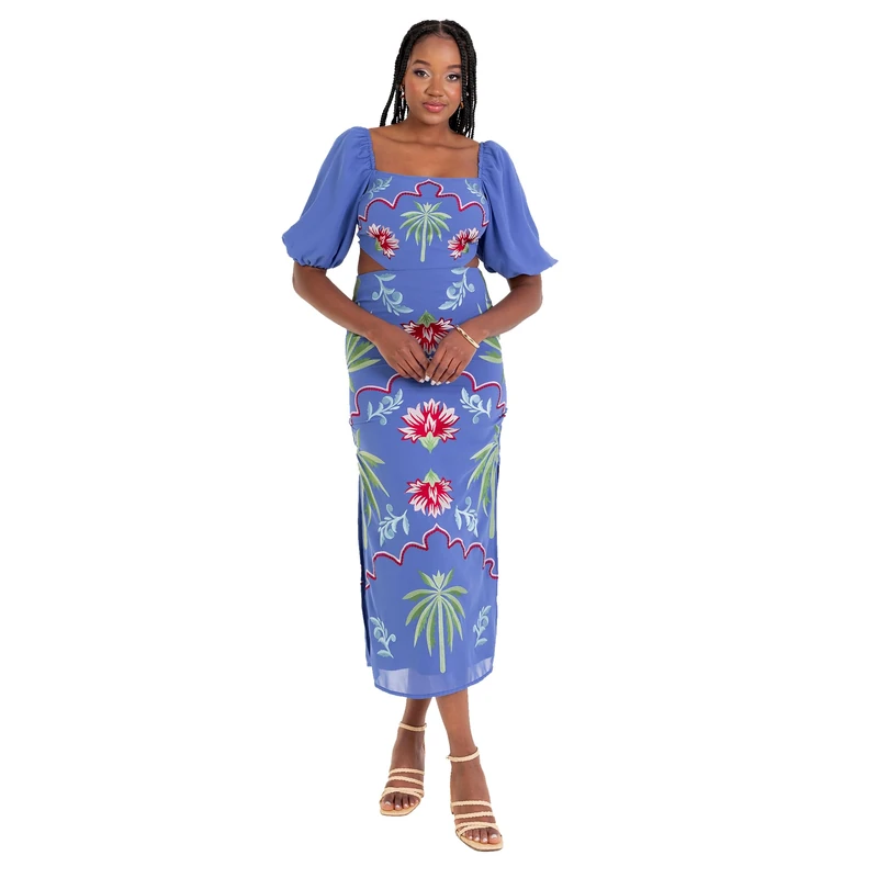 Maya Deluxe Women's Midaxi Dress Ladies Embroidered Tropical Puff Sleeve Square Neckline Open Tie-Back Bow Cutout Splits Occasion, Blue 8
