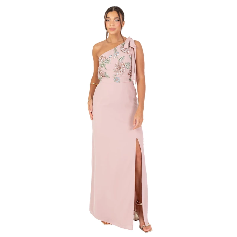 Maya Deluxe Women's Maxi Dress Ladies One Shoulder Sleeveless Floral Embellished Side Split A-line Bridesmaid Wedding Guest Prom, Frosted Pink 16