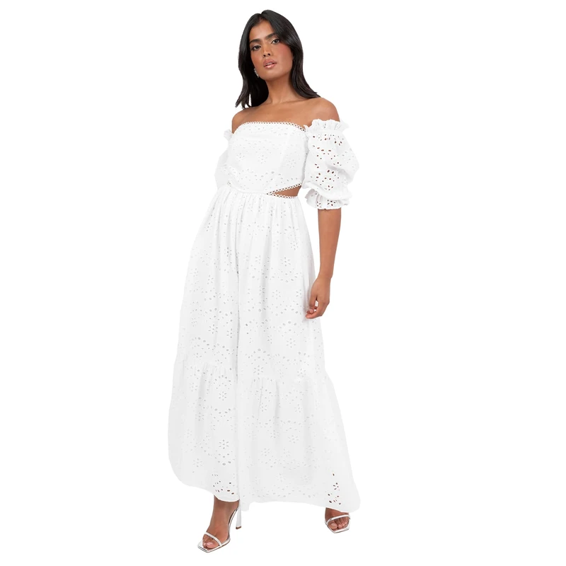 Maya Deluxe Women's Midaxi Dress Ladies Off Shoulder Bardot Broderie Anglaise Cutout Short Puff Sleeve A-line Boho Wedding Guest, White 18