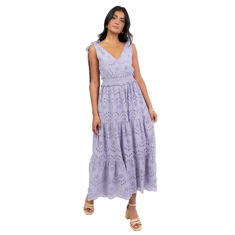 Maya Deluxe Women's Midaxi Dress Ladies Sleeveless V-Neck Broderie Anglaise Strappy Tie Shoulders Wedding Guest Party Occasion, Dusty Lavender 16