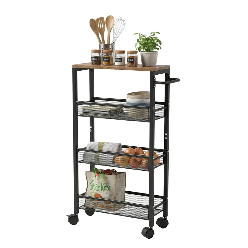 Relaxdays 4-Tier Metal Rolling Cart, Slim Bathroom & Kitchen Shelf, 77x13x45 cm, Brown/Black