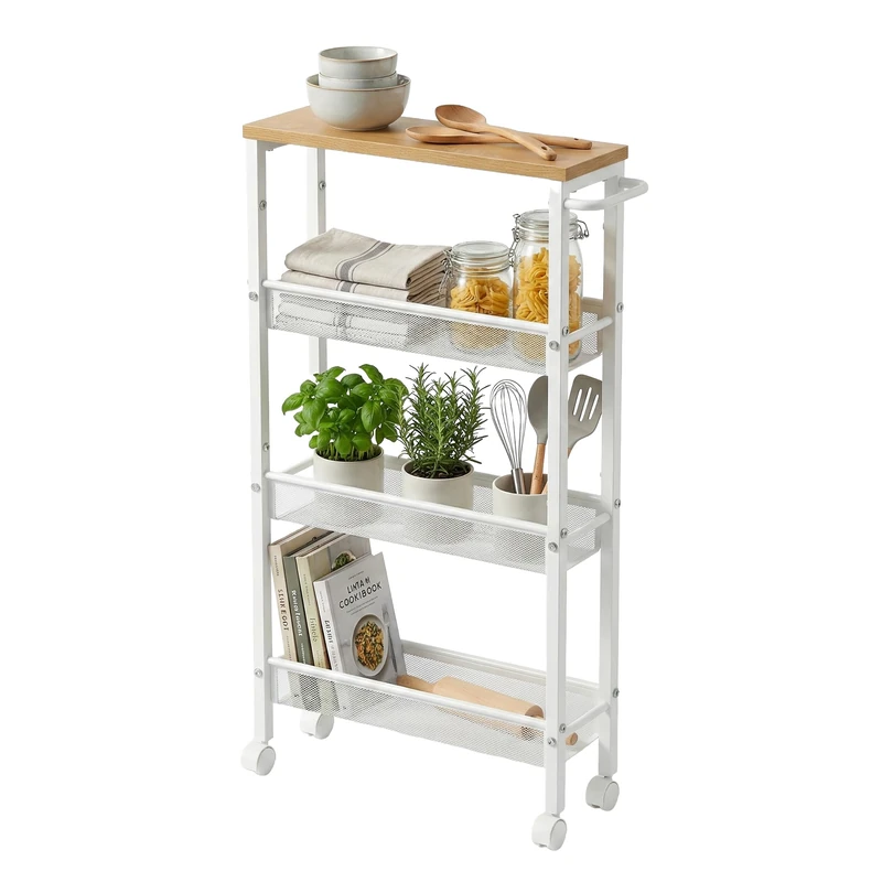 Relaxdays Narrow Metal Trolley, 4-Tier Bathroom & Kitchen Shelf, 77x13x45 cm, Natural/White