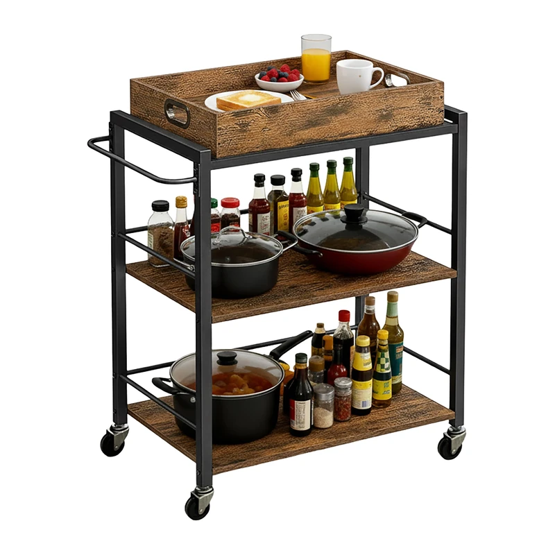 Relaxdays 3-Tier Industrial Kitchen Trolley with Removable Tray, 88x70x40 cm, Brown/Black
