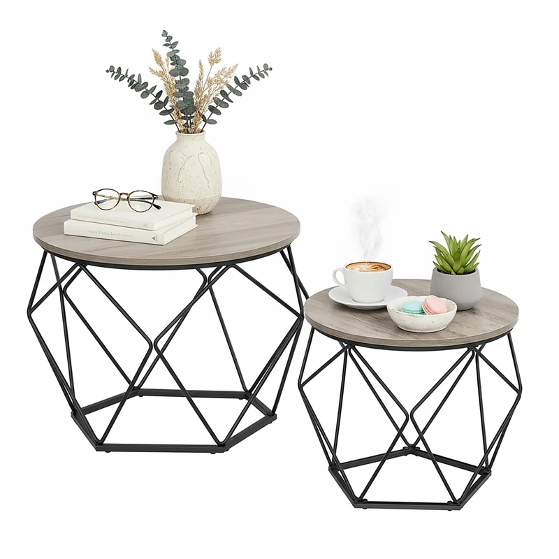 Relaxdays 2-Piece Coffee Table Set, Wood-Effect & Metal, Vintage Round Side Tables, Living Room, Brown/Black, 50x40x40 c