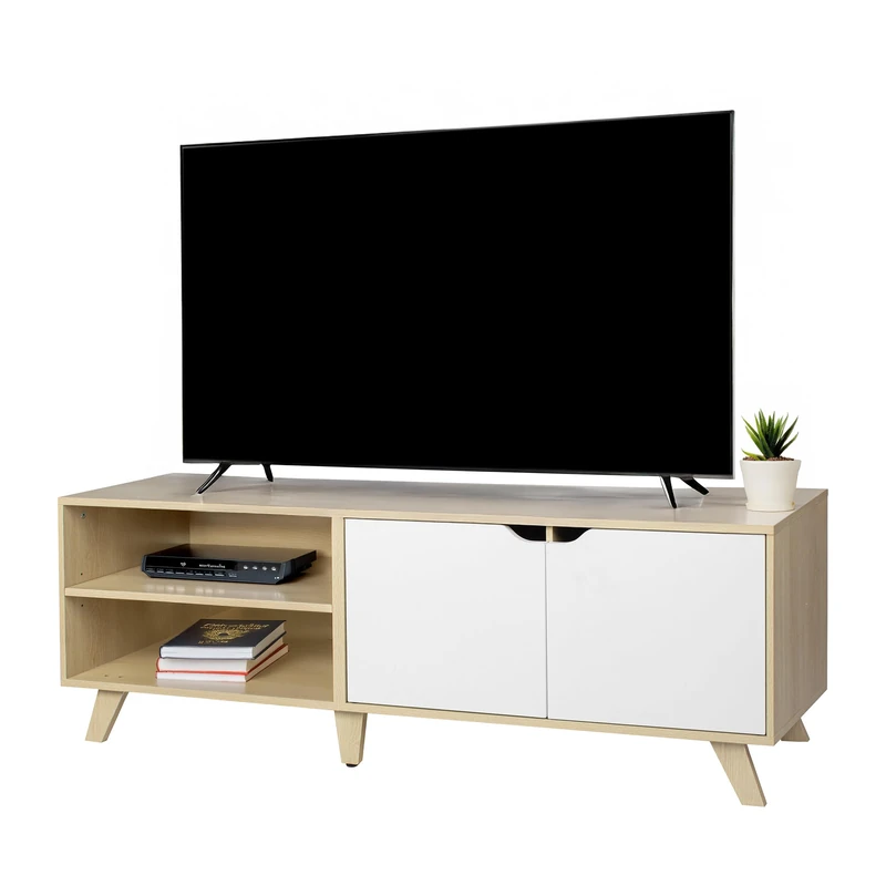 Relaxdays TV Lowboard with 6 Compartments, Cable Management, 50 x 140 x 40 cm, Natural/White