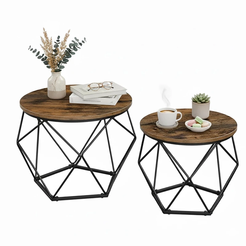 Relaxdays Set of 2 Industrial Round Side Tables, Wood-Look & Metal, Brown/Black, 50x40x40 cm