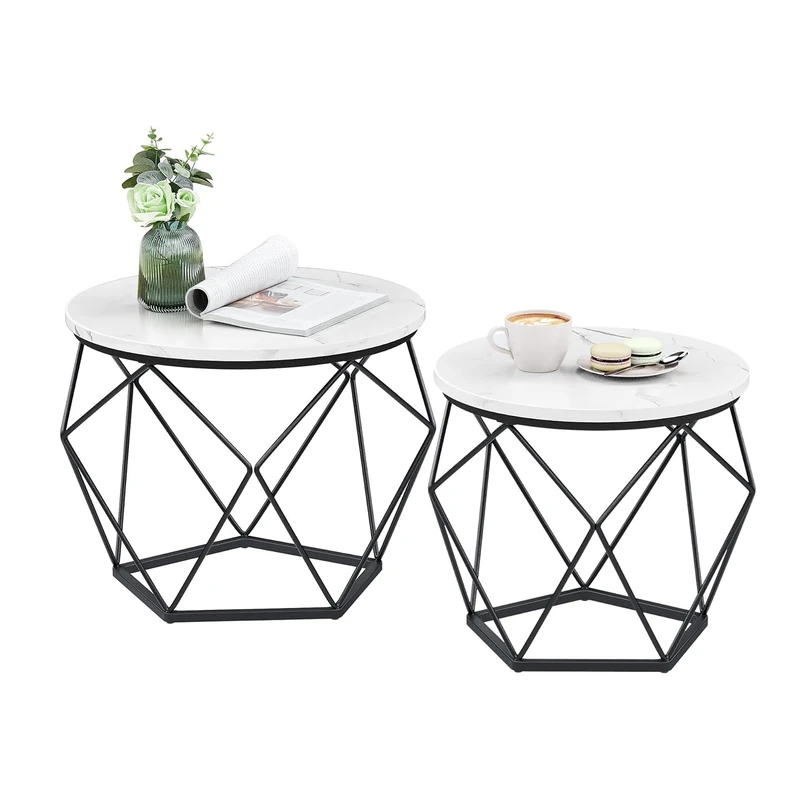 Relaxdays Set of 2 Marble-Look Metal Round Side Tables, Vintage Style, 50x40x40 cm, Brown/Black