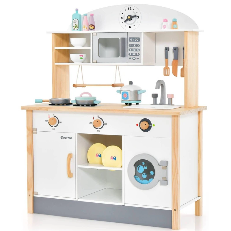 GYMAX Wooden Kids Play Kitchen, Chef Pretend Toy Kitchen with Clock, Microwave, Stove, Washing Machine, Swing Rack, Sound & Accessories, Kitchen Playset for Toddlers (With Apron and Hat)