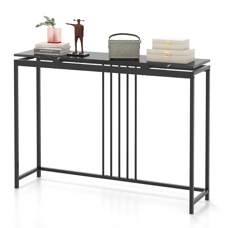 FANTASK Narrow Console Table, 120 x 30 x 90 cm, Modern Hallway Table with Marble Look, Entrance Table with Black Metal Frame, Side Table for Hallway, Living Room, Bedroom (Black) - Image 1