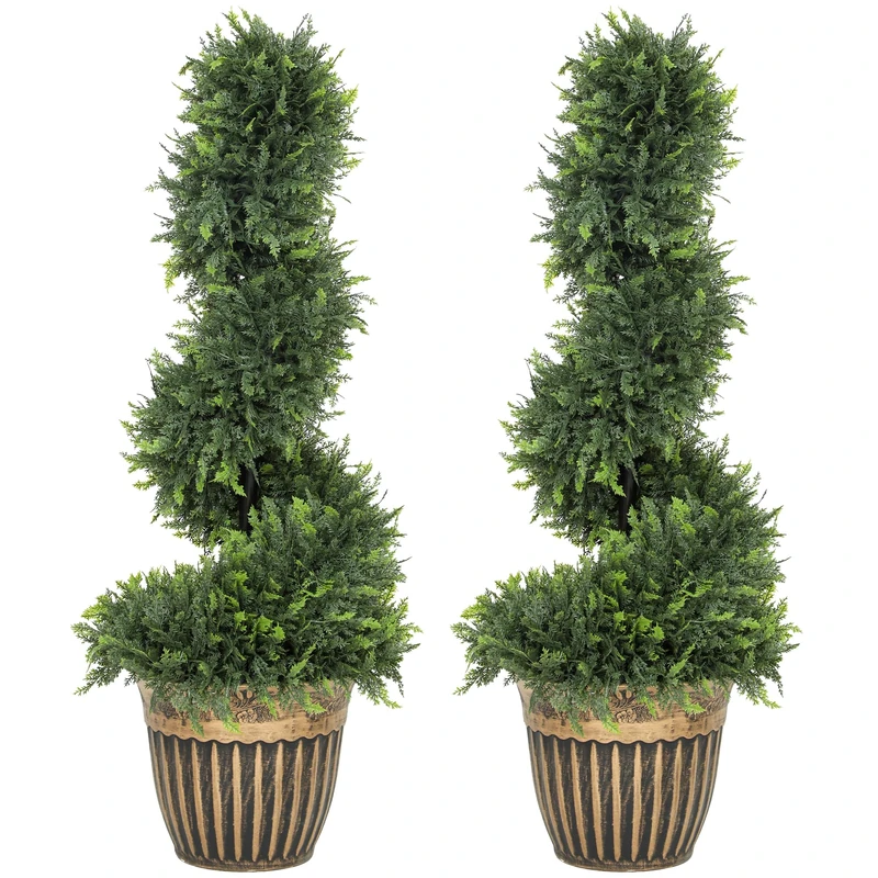HOMCOM Set of 2 Decorative Artificial Plants Topiary Spiral Cypress Trees in Pot, Fake Plants for Home Indoor Outdoor Decor, 90cm, Green