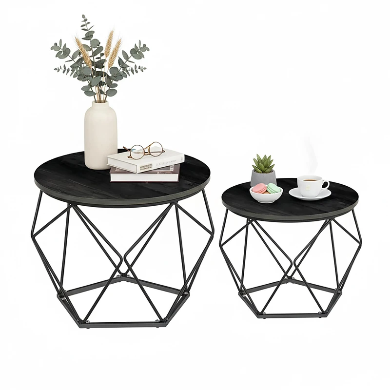 Relaxdays Set of 2 Vintage Round Coffee & Side Tables, Wood-Look & Metal, 50x40x40 cm, Black