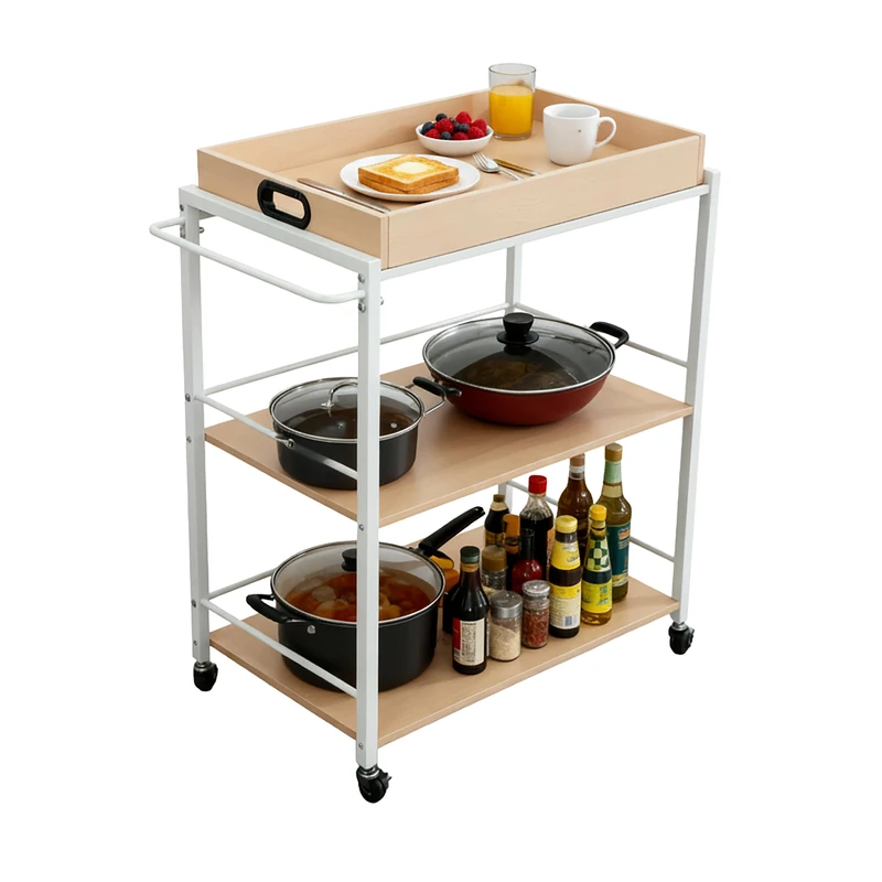Relaxdays 3-Tier Serving Trolley with Removable Tray, Scandinavian Kitchen Cart, Natural and White, 88x70x40 cm