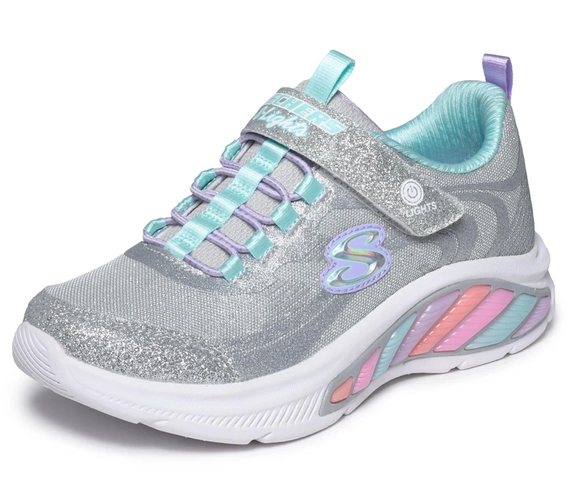 Skechers Girl's Rainbow Cruisers Glitzy Glow Trainers, Silver Sparkle Mesh Blue Trim, 12 UK Child