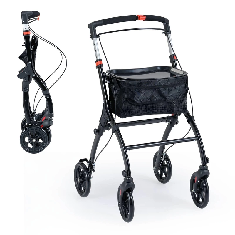 GYMAX Folding Rollator Walker for Elderly, 4 Wheel Narrow Walking Aid with Removable Tray, Basket and Brakes, Adjustable Lightweight Rollator for Disabled (Black)
