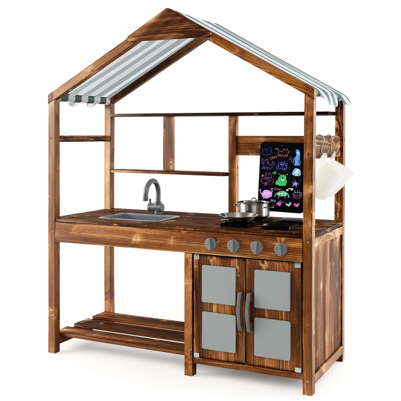GYMAX Kids Mud Kitchen, Wooden Toy Kitchen with Canopy, Stoves, Chalkboard, Rotatable Faucet & Removable Sink, Outdoor Play Kitchen for Children Aged 3-7 Years Old