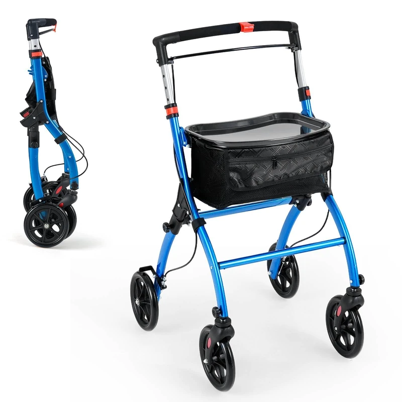 GYMAX Folding Rollator Walker for Elderly, 4 Wheel Narrow Walking Aid with Removable Tray, Basket and Brakes, Adjustable Lightweight Rollator for Disabled (Blue)