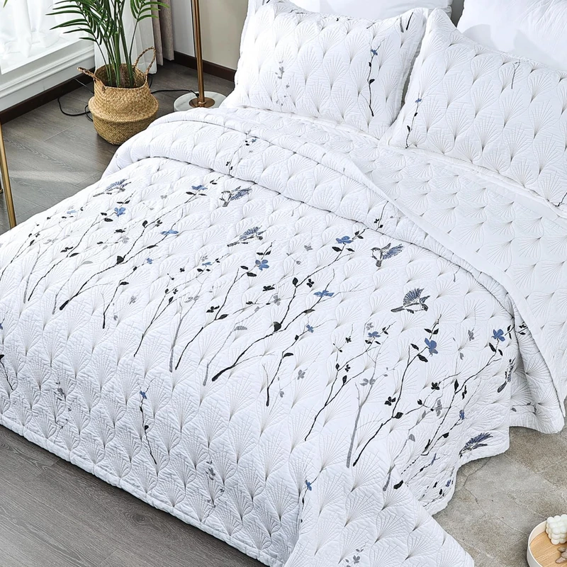EVENHUG 100% Cotton Quilt Set Queen Size Bird Floral Bedding Sets with Pillow Shams Breathable Lightweight Bedspreads Coverlet for All Season 3 Piece (92"x96")