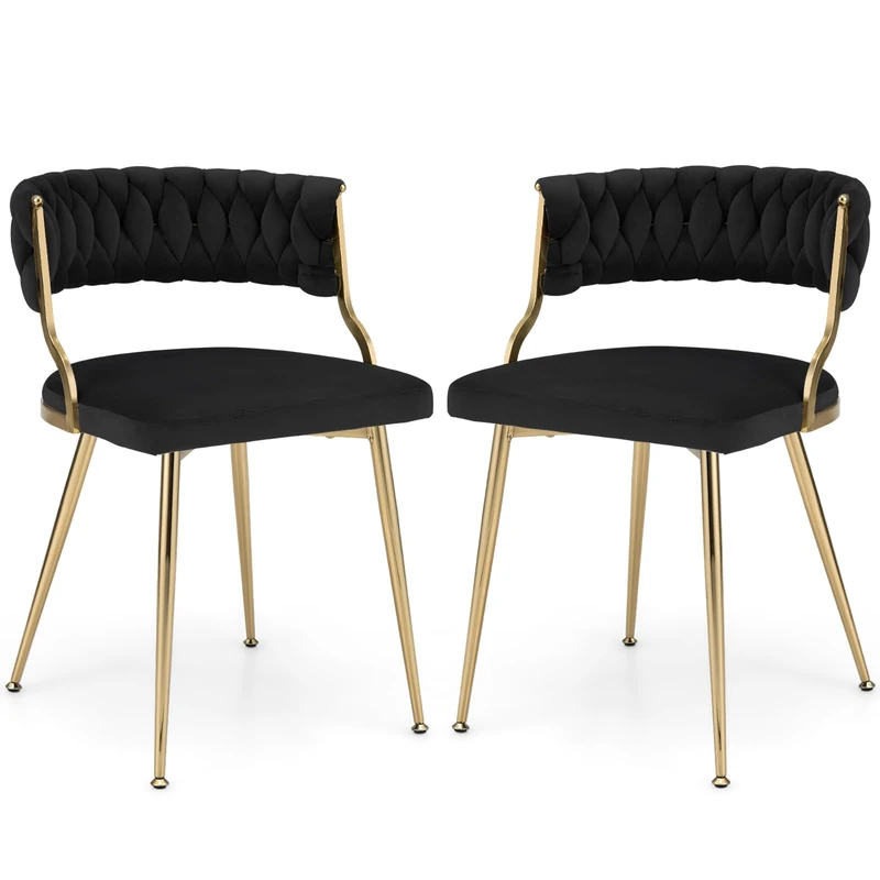 GiantexUK Dining Chairs Set of 2, Upholstered Velvet Kitchen Chairs with Woven Backrest, Metal Legs & Adjustable Foot Pads, Breakfast Side Seating for Home Dining Living Room Lounge (Black)