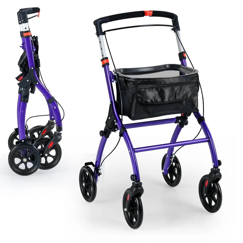 GYMAX Folding Rollator Walker for Elderly, 4 Wheel Narrow Walking Aid with Removable Tray, Basket and Brakes, Adjustable Lightweight Rollator for Disabled (Purple)
