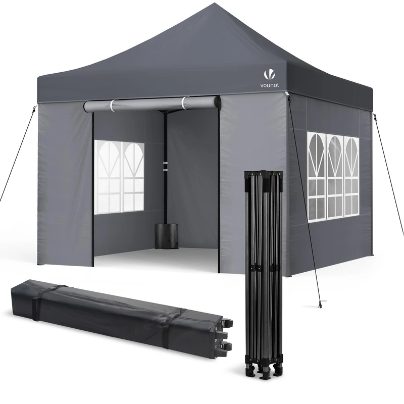 VOUNOT® 3x3m Heavy Duty Gazebo with 4 Sides, Pop up Gazebo Fully Waterproof Party Tent, Stury Marquee with Roller Bag and Sand Weight Bags, Grey