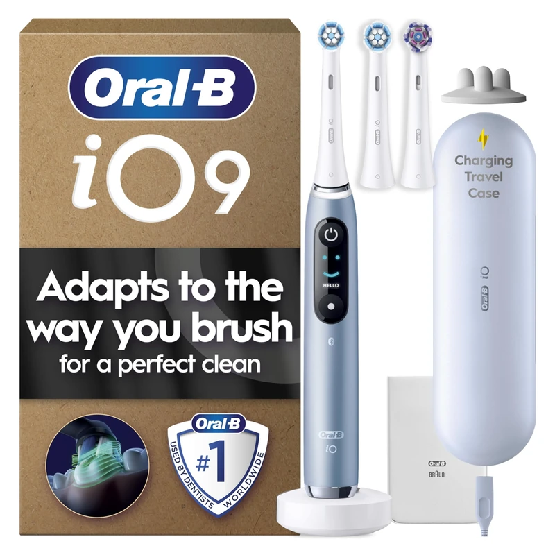 Oral-B iO 9 Electric Toothbrush | Sapphire Blue | 3 Brush Heads | Fast Magnetic Charger | Charging Travel Case | Charger Pouch | Brush Head Holder