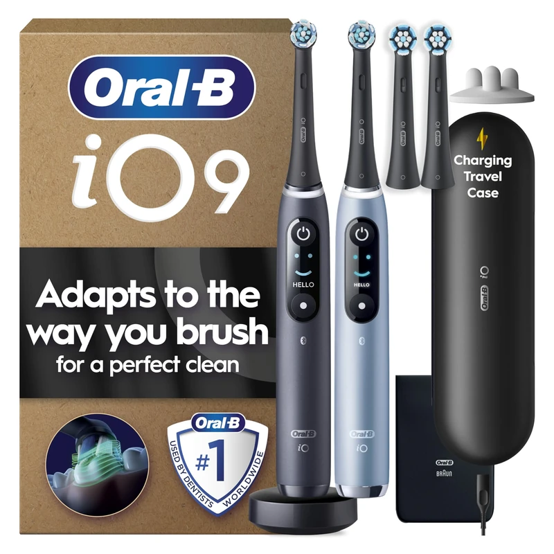 Oral-B iO 9 Electric Toothbrush | 2-Pack for Couples or Family | Black Onyx & Sapphire Blue | 4 Brush Heads | Fast Magnetic Charger | Charging Travel Case | Charger Pouch