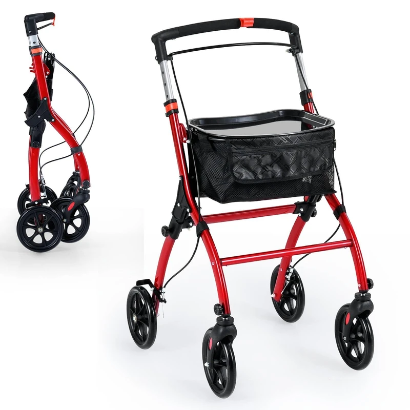 GYMAX Folding Rollator Walker for Elderly, 4 Wheel Narrow Walking Aid with Removable Tray, Basket and Brakes, Adjustable Lightweight Rollator for Disabled (Red)