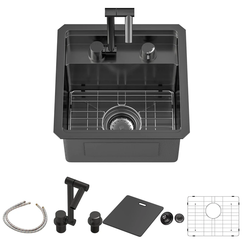 Sarlai Black Undermount Bar Sink with Foldable Faucet - 15x15 Inch Outdoor Black Kitchen Sink RV Workstation 16 Gauge Stainless Steel Single Bowl Handmade Outdoor BBQ Sinks with Lid
