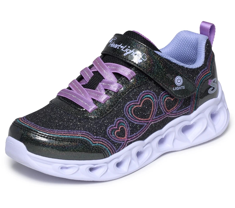 Skechers Girl's Heart Lights Trainers, Black Textile Synthetic Multi Trim, 10 UK Child