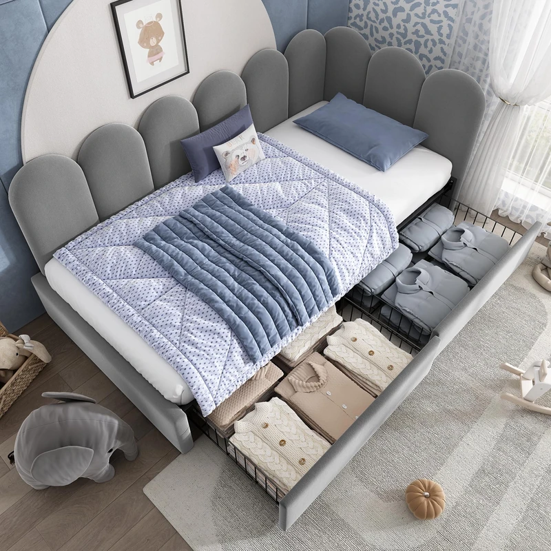 Ball & Cast Upholstered Bed Daybed with 2 Storage Drawer, 3FT Single Sofa Bed 90x190cm, Velvet Sofabed Bed Frame with Slatted Frame for Adults and Children, No Mattress, Grey