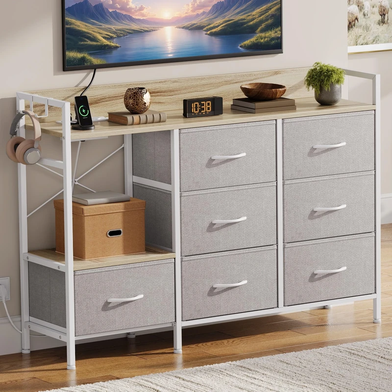 DWVO Chest of Drawers Bedroom with 7 Fabric Drawers,Dresser with 2 Sockets 2 USB Ports,TV Cabinet with Side Hooks,Light Gray