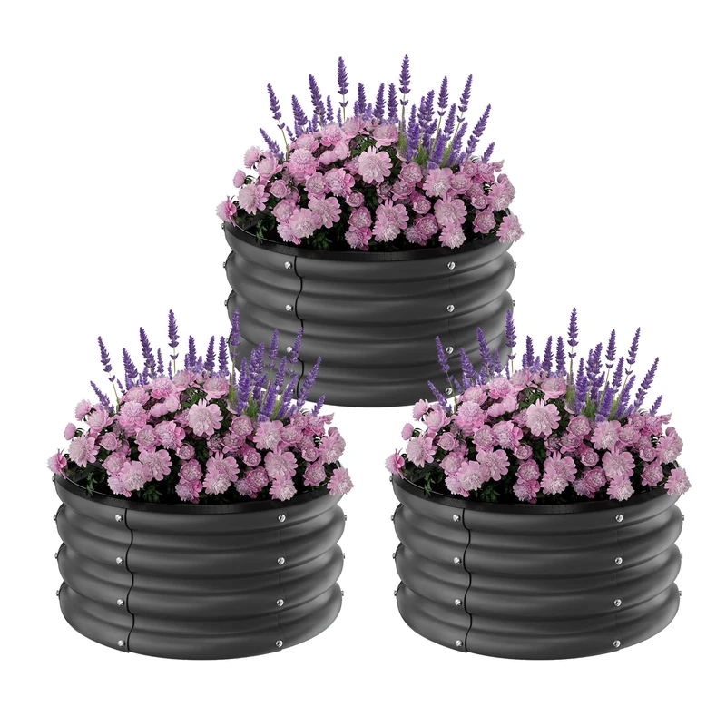 GarveeLife Metal Raised Bed 60 x 28 cm, Pack of 3, Round Raised Bed for Outdoor Use, Metal Garden Bed for Vegetables, Galvanised Steel Raised Beds for Gardening, Above Ground Garden Box for Flowers