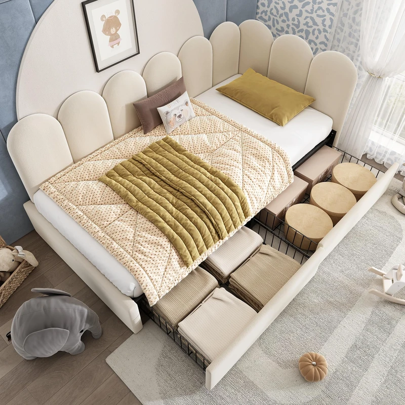 Ball & Cast Upholstered Bed Daybed with 2 Storage Drawer, 3FT Single Sofa Bed 90x190cm, Velvet Sofabed Bed Frame with Slatted Frame for Adults and Children, No Mattress, Beige