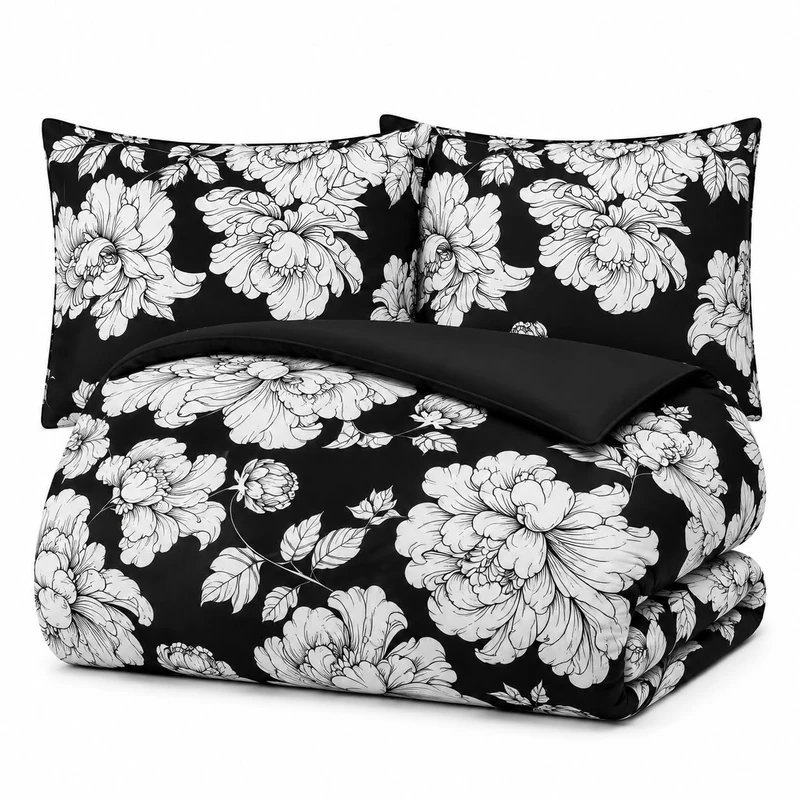 CCoutueChen Black White Floral Comforter Set King Size for Women, 3 Piece