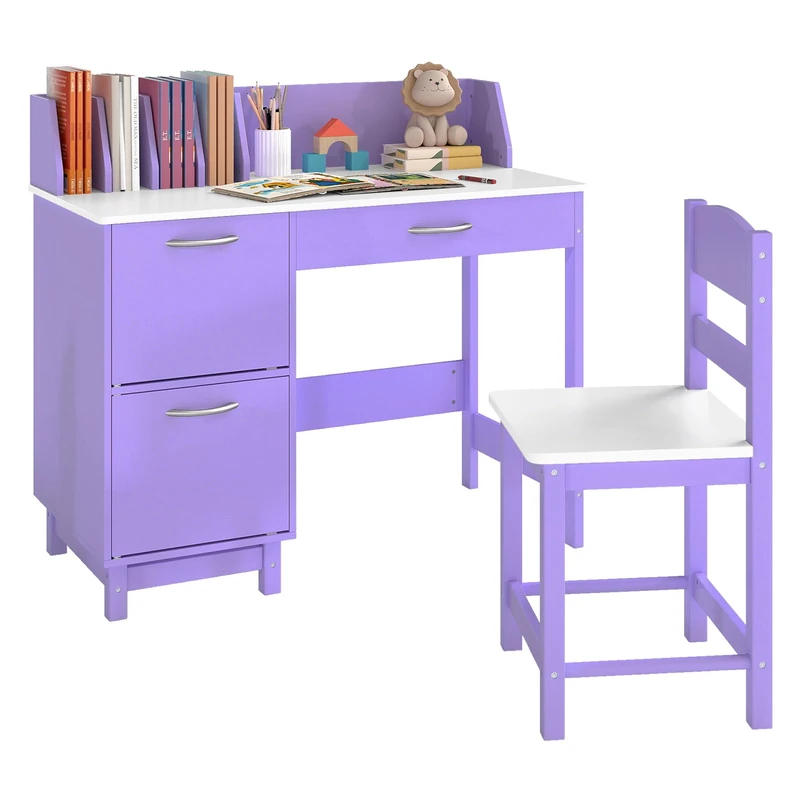 GYMAX Kids Desk and Chair Set, Wooden Children Study Table with 2 Storage Cabinets, Drawer, Tabletop Bookshelf & Anti-Toppling Device, Toddler Writing Desk Set for Boys Girls (Purple)