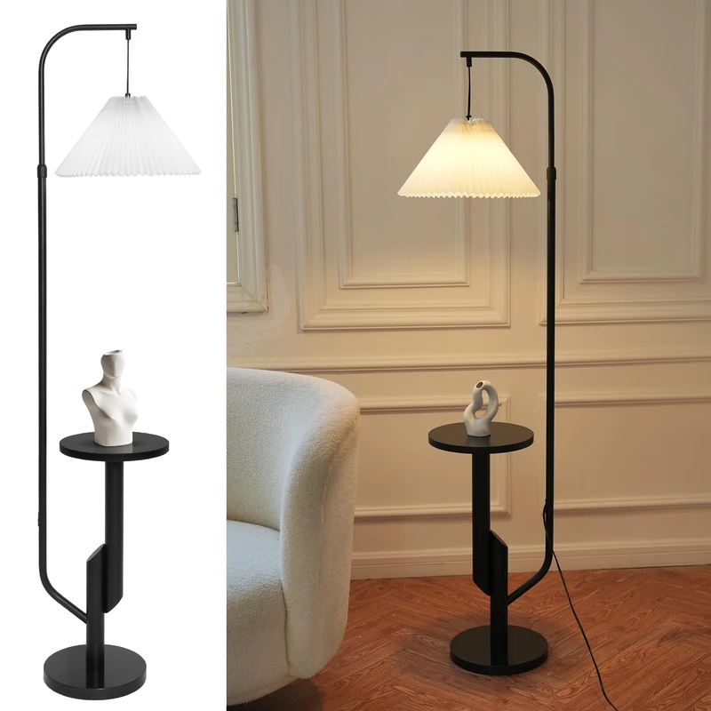LuminexDesigns FL15 Black Metal Floor Lamp with Pleated Tapered Fabric Shade and Side Table – UK Plug