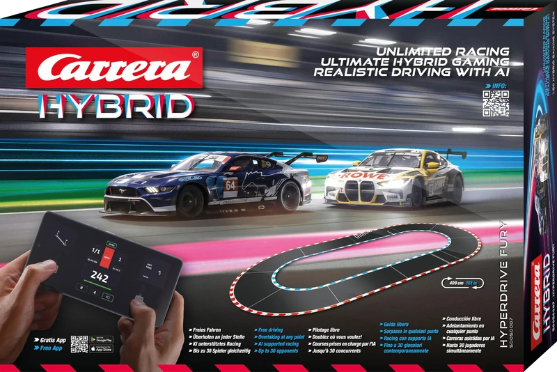 Carrera Hybrid Hyperdrive Fury, New Generation Racing Fun, With Ford Mustang No.64 and BMW GT3 No.99, 1:50 Scale, Hybrid Tech with AI Support, Control via Smartphone App, Suitable For 10 Years+