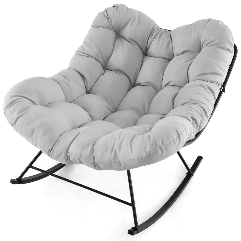 SFAREST Patio Rocking Chair, Outdoor Comfy Rocking Egg Chair with Thick and Removable Cushion, Oversized Patio Lounge Chairs for Living Room Balcon Yard Porch Sun Lounge (Light Grey)