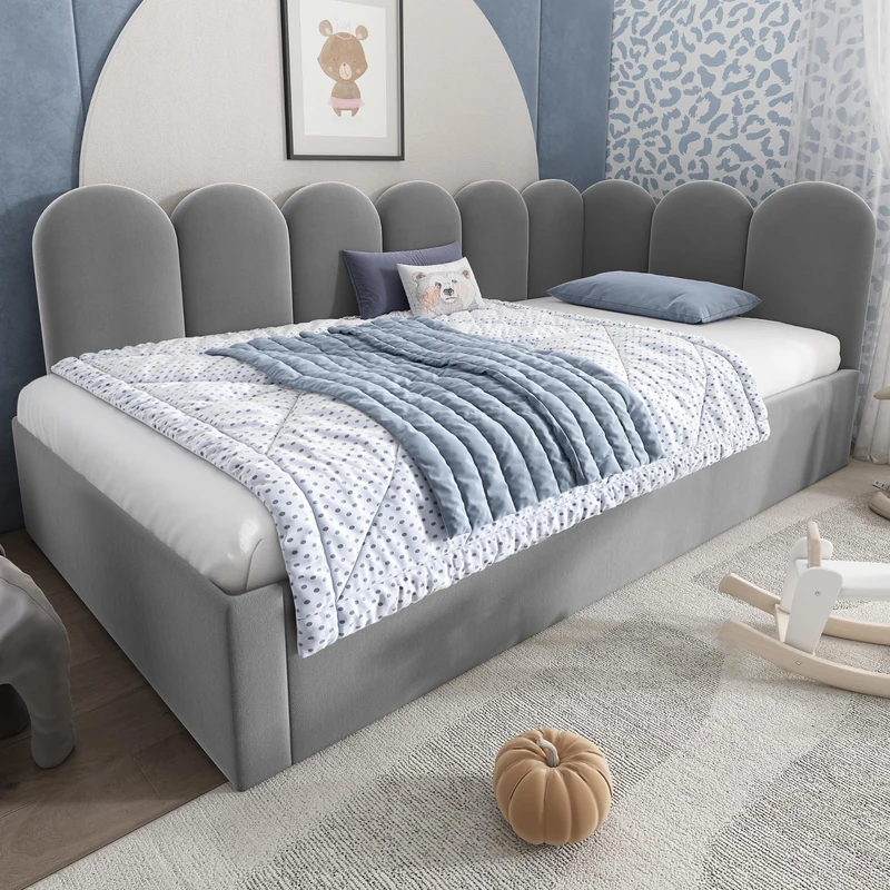 Ball & Cast Upholstered Bed Daybed with Pull-Out Bed, 3FT Single Sofa Bed 90x190cm with Metal Slatted Frame, Guest Beds for Adults and Children, Velvet, No Mattress, Grey