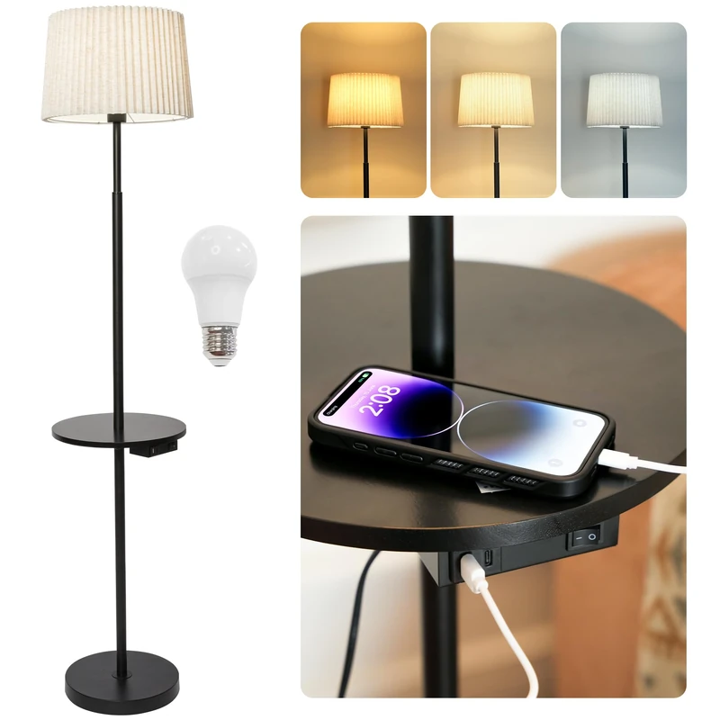 Floor Lamp for Living Room with Table, Modern Standing Lamp with Shelves & USB Charging Port, 9W 3 Colour Temperature Bulb, Solid Wood Tray Table, Bedside Reading Lamp with Side Table for Bedroom