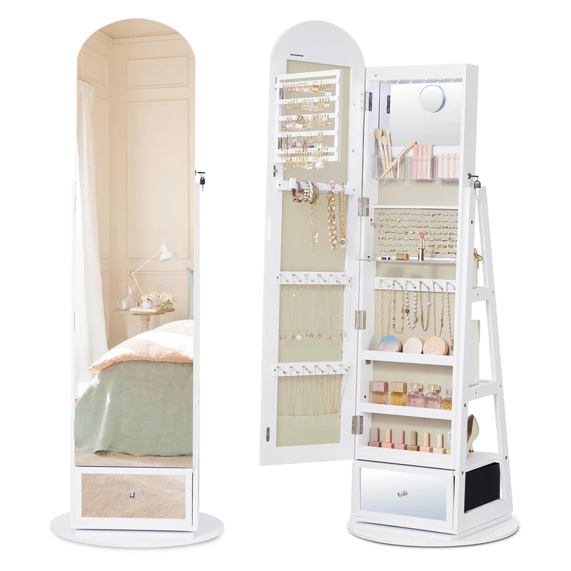 SONGMICS 360° Swivel Jewellery Cabinet with LED Lights, Full-Length Arched Mirror with Magnifying Mirror, Drawer, Hooks, Shelves, Cloud White JJC030WB01
