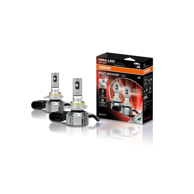 OSRAM Night Breaker LED Smart HIR2; up to 330% more brightness; 6000 K, LED high and low beam with road approval; 2 lamps