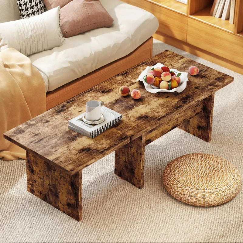 HOMFME 2-Piece Coffee Table, Wooden Center Tables with Storage Shelf & Protective Foot Pads, Mid-Century Cocktail Tables Retro Snack Tea Table for Living Room Bedroom Office (Rustic Brown) - Image 1