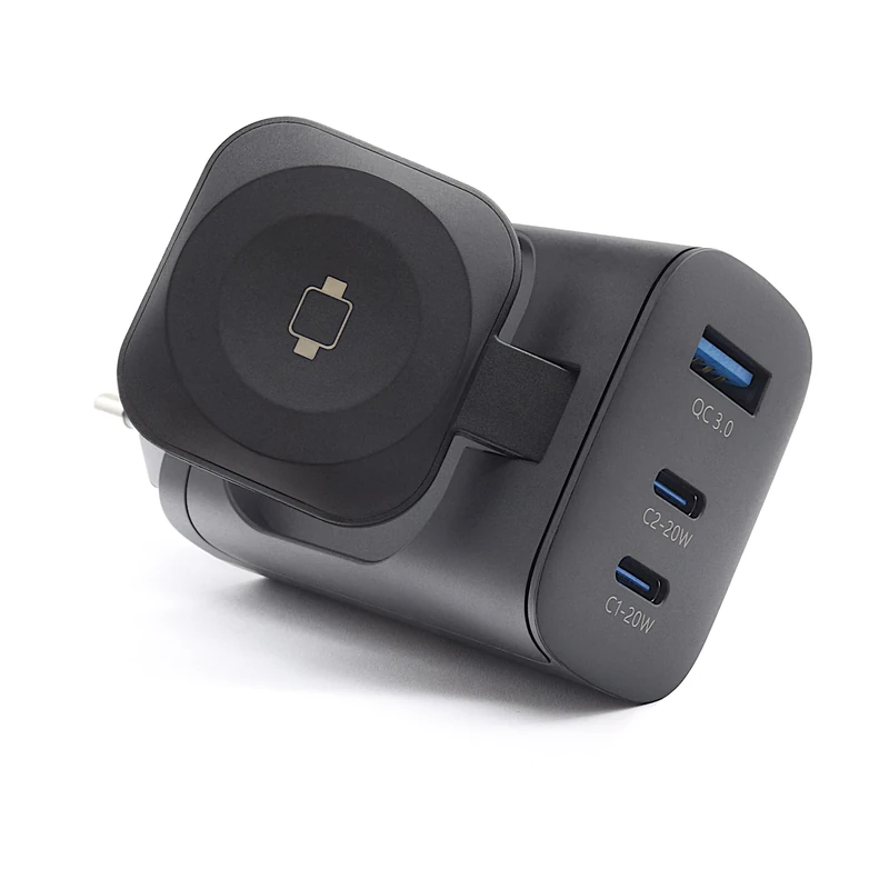 REALPOWER PC-43 Watch Charger, 43W, 2X USB-C PD 20W, USB-A QC3.0 18W, Wireless 3W, 47x28x103mm, 103g, 100-240V, 1.0A - Image 1
